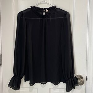 Sheer Black Ruffle Trim Chiffon Blouse